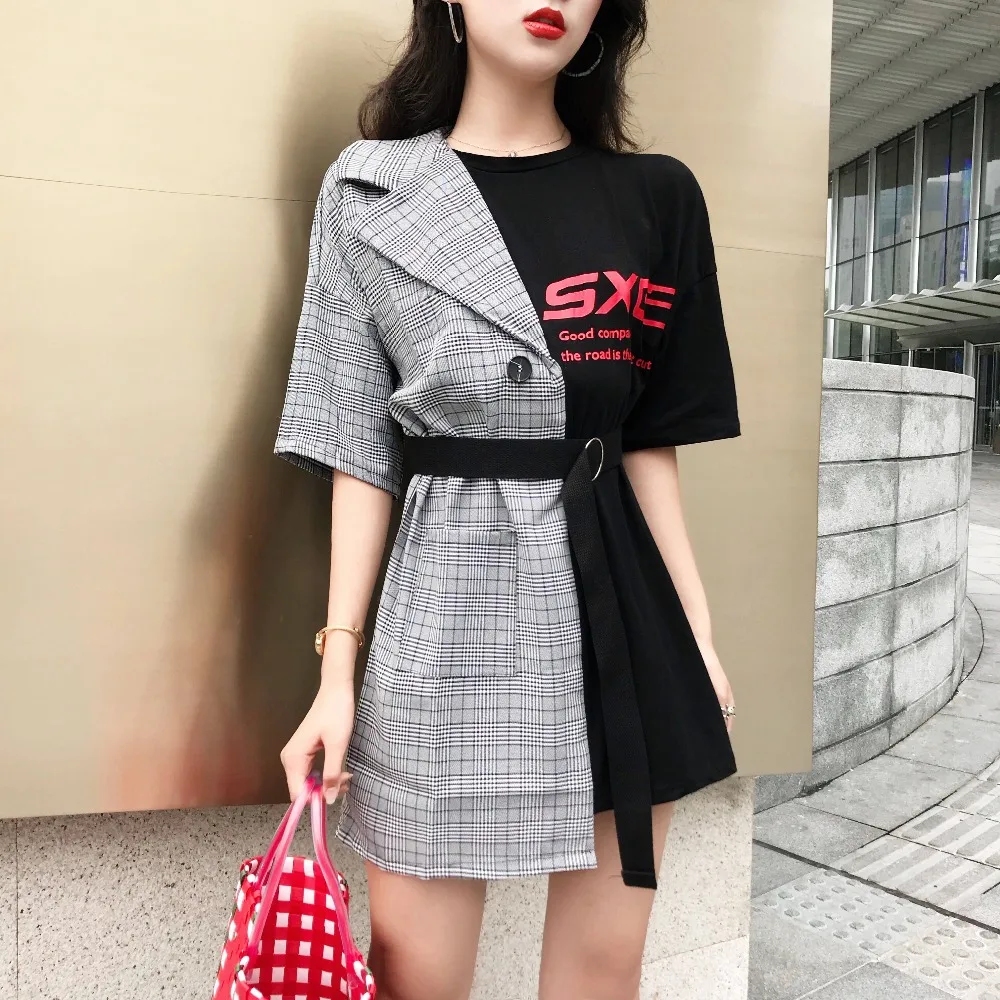 2 цвета летнее платье 2018 повседневный клетчатый костюм пэтчворк имитация двух
