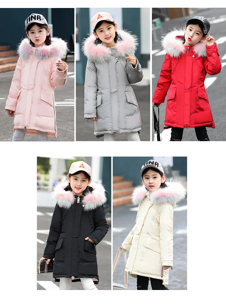 30 degrees Russia Girls down Jacket Winter Children Clothing Fashion multicolour Fur Collar Warm Outerwear& Coats 4-12 Y