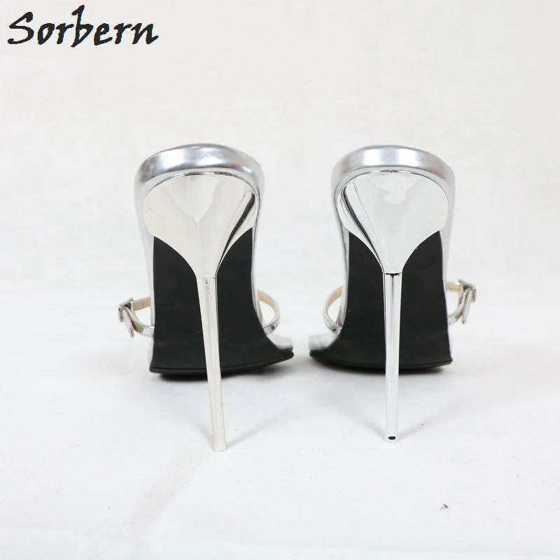 Sorbern/новые серебристые шлепанцы на каблуке 12 см, 14 см, 16 см женские пряжки на тонких ремешках, изготовленные на заказ, серебряные женские шлепанцы, вечерние туфли