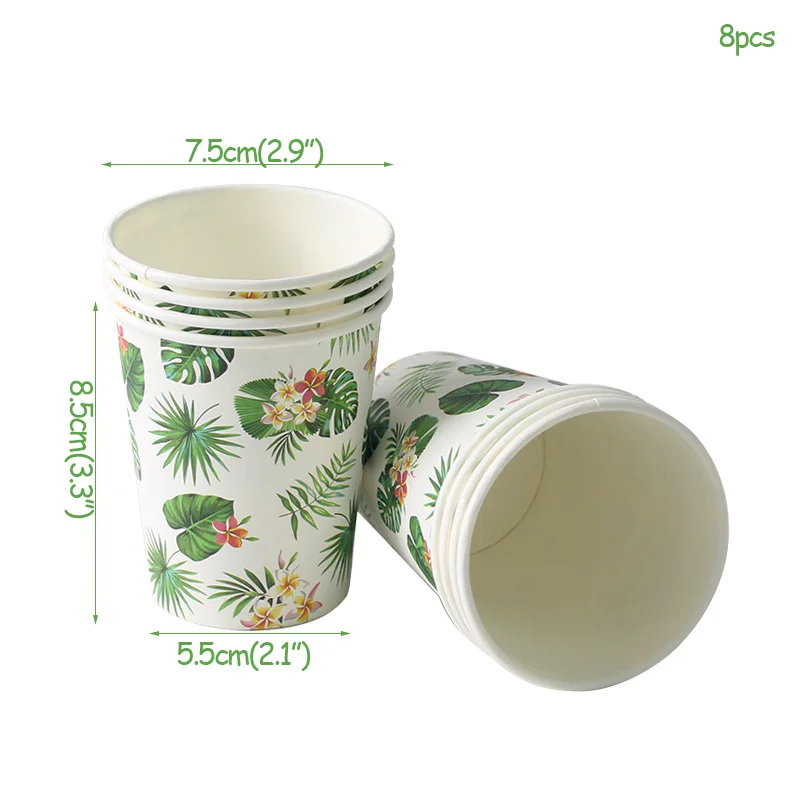 Disposable tableware Summer Tropical Green palm Flamingo Paper plate cup napkin Hawaiian Aloha Luau party supplies Wedding decor - Цвет: 8pcs cups