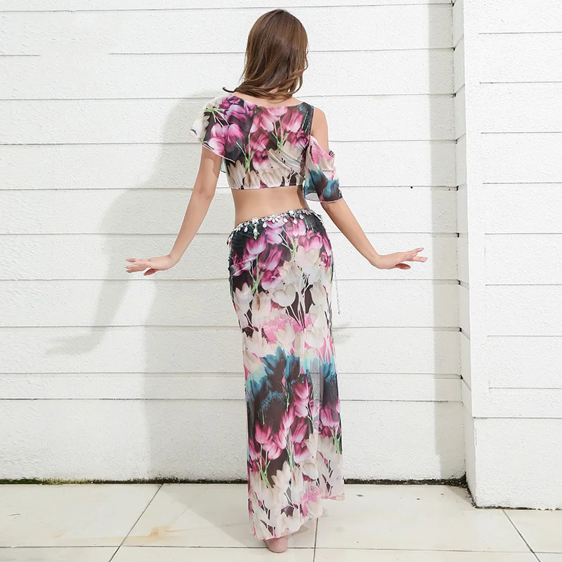 

2019 Summer New Arrival 2 Piece Set Women Oriental Dance Performance Show Wear Flower Long Slit Skirt Bellydance Outfit DWY1834