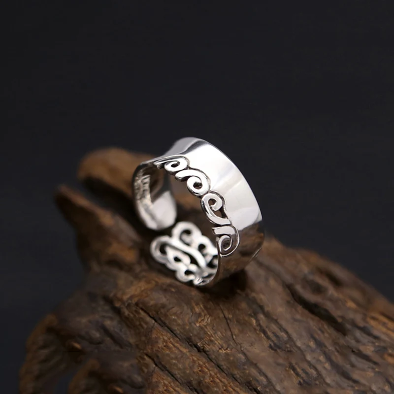 Настоящее 925 пробы серебро полые резные цветы регулируемое кольцо ювелирные