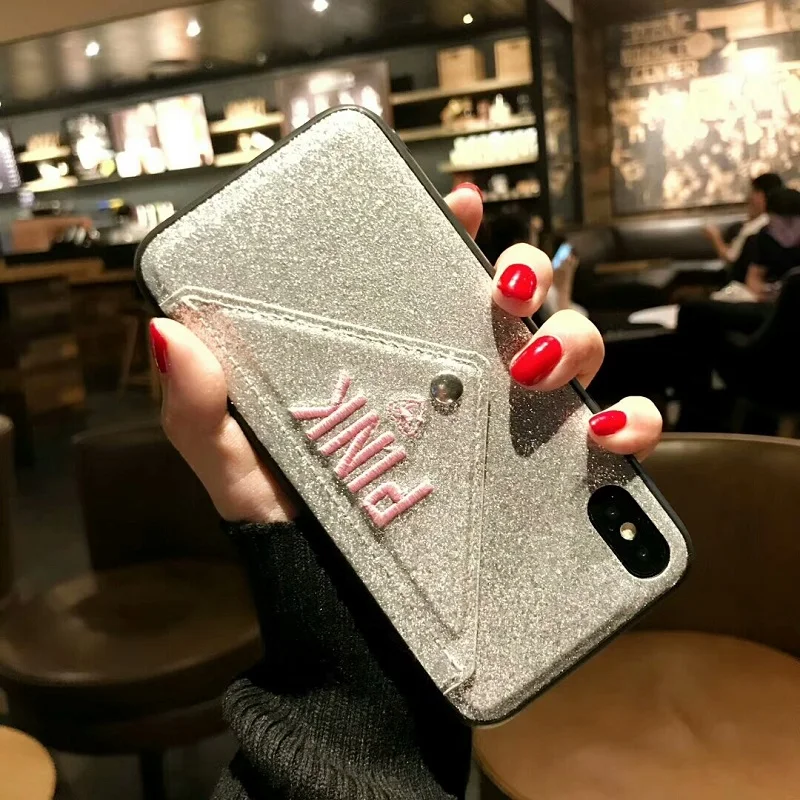 Luxury PINK Brand NEW Glitter Embroidery Leather Fashion Hot Cute Pink Case for iPhone 7 Plus 7+ 8 6 6s X Phone Secret |