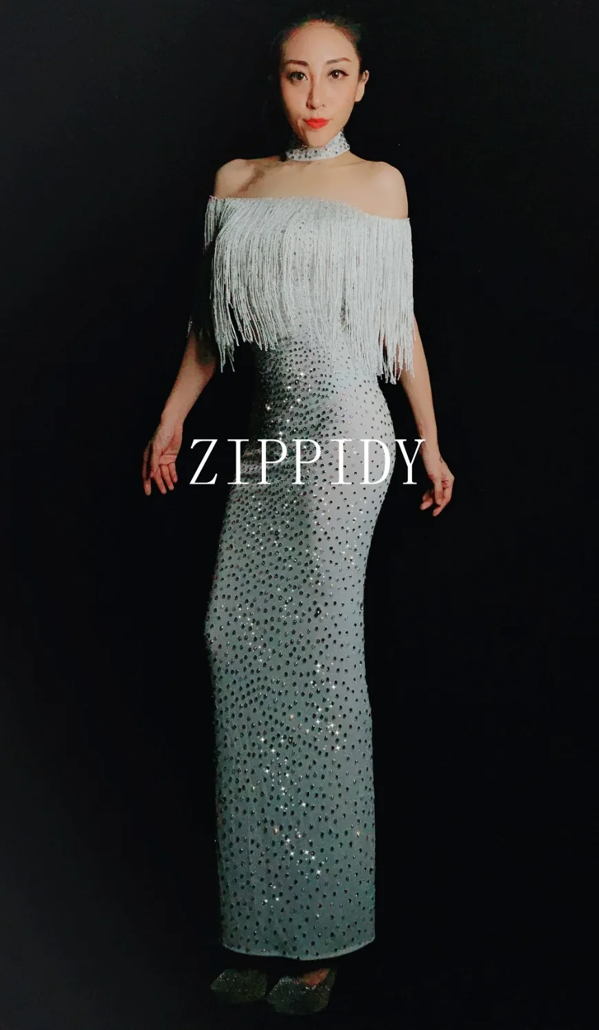 Серебристо-белые стразы, платье с кисточками, женское платье на день рождения, платье с бахромой, вечерняя одежда, женское платье для певицы, танцев, цельное платье
