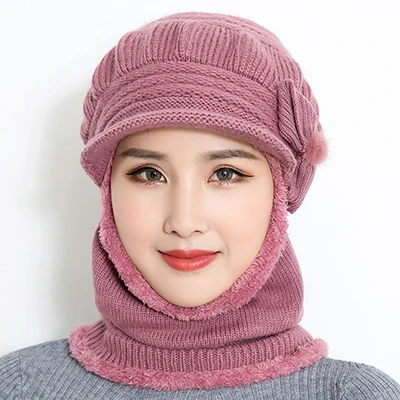Light purple Женские теплые шапки бини для осени и зимы, маска для женщин, зимняя шапка, вязаные шапки, шарф, набор бини, Лыжные шапки для женщин - Цвет: Light purple