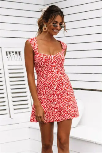 Женское платье-мини с цветочным принтом Boho Пляжное вечернее летнее платье |
