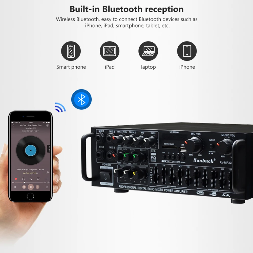 SUNBUCK 150 Вт* 2 220 в домашний Bluetooth HiFi усилитель высокой мощности эквалайзер Эквалайзер 12 в автомобильный уличный радио Многофункциональный усилитель мощности