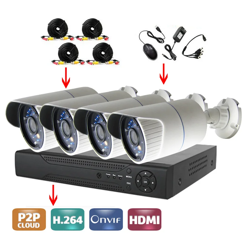 Система видеонаблюдения 4CH AHD DVR с 4 ИК наружными цилиндрическими камерами 720p 24