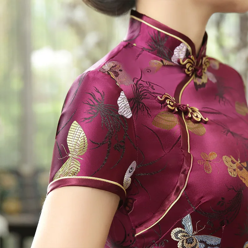 Высокое качество атлас китайский женский Винтаж Сексуальная Qipao ручной работы Кнопка элегантный короткий рукав новинка длинное платье S-3XL c0141-d
