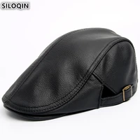 siloqin new autumn winter mens warm beret genuine leather hat first layer cowhide en cuir tongue cap casual fashion single hats