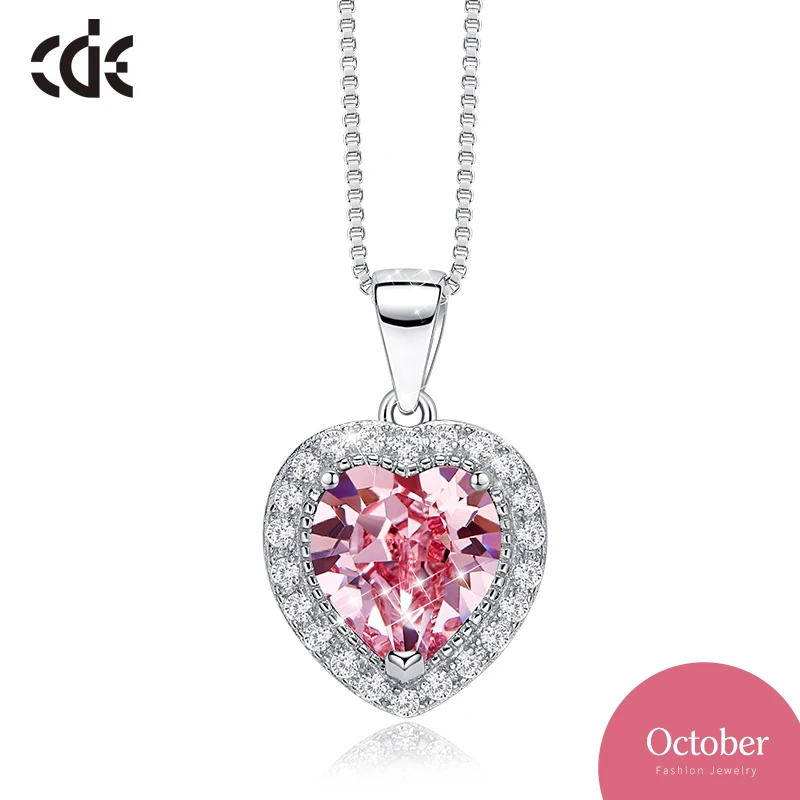 October CDE 925 пробы Серебряное ожерелье украшено кристаллами Swarovski женское ожерелье в форме сердца воротники-ожерелья ювелирные изделия - Цвет камня: October