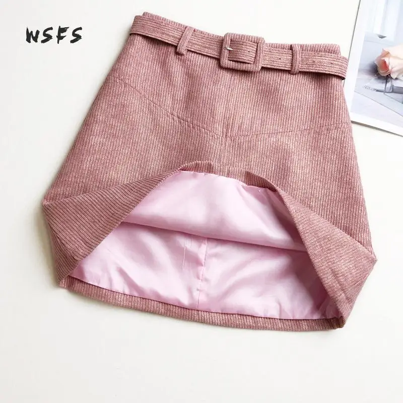 Женская Вельветовая мини-юбка Wsfs черная цвета хаки с поясом | одежда