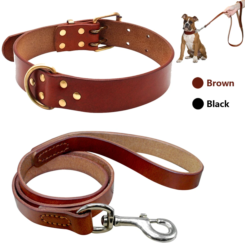 

Real Leather Pet Dog Collar Leash Set For Medium Large Dog Breed Genuine Leather Collar For Pitbull Boxer Bulldog S M L