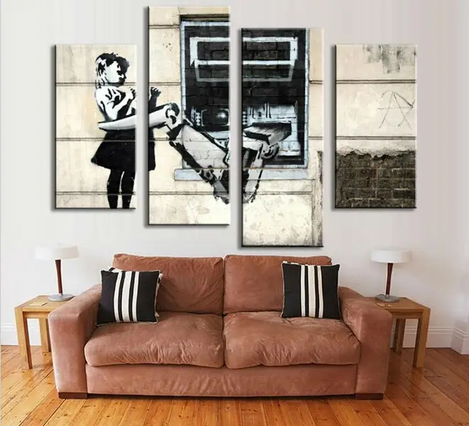 4 Pcs/Set Banksy Art Mechanical Arm And Little Girl oil painting on canvas vintage poster wall pictures for living room GvZ0002 | Дом и сад