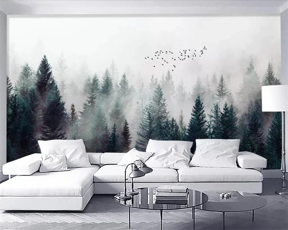 

Custom wallpaper modern foggy forest cloud flying bird Nordic TV background 3d living room bedroom black and white 3d wallpaper