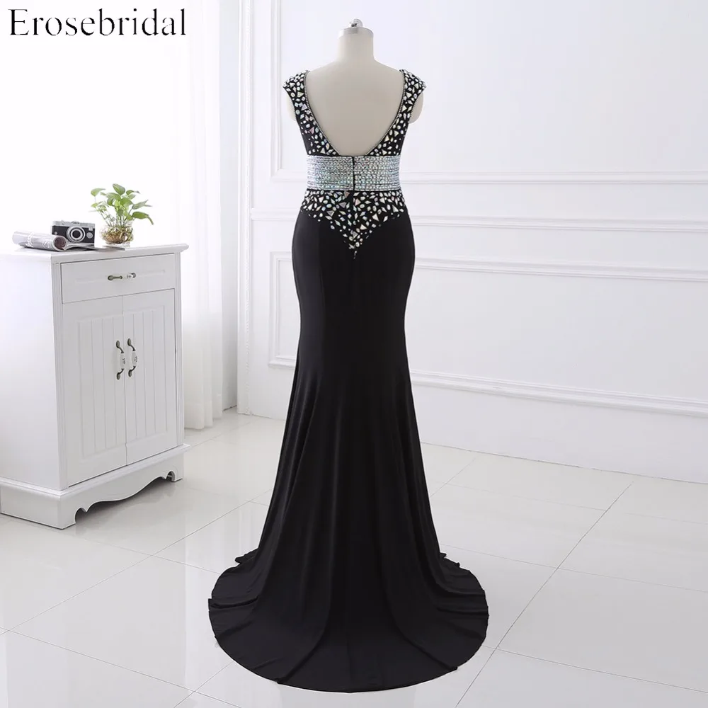 2017 платье с поясом и кристаллами для выпускного вечера длинное черное