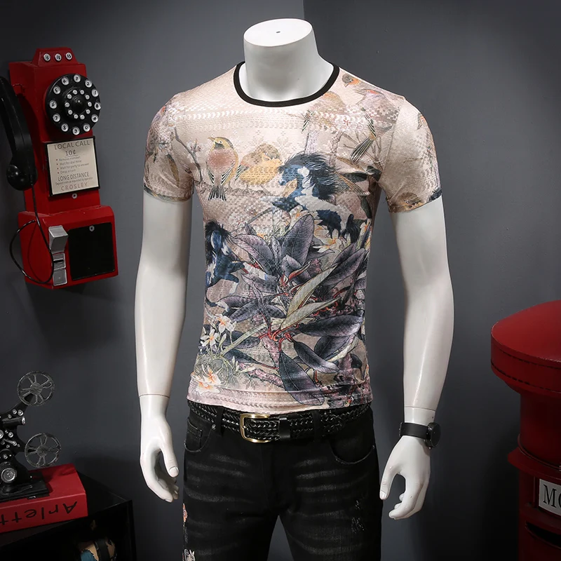 2019 Летний Новый мужской личности тень дней шелк цветы с коротким рукавом мужская