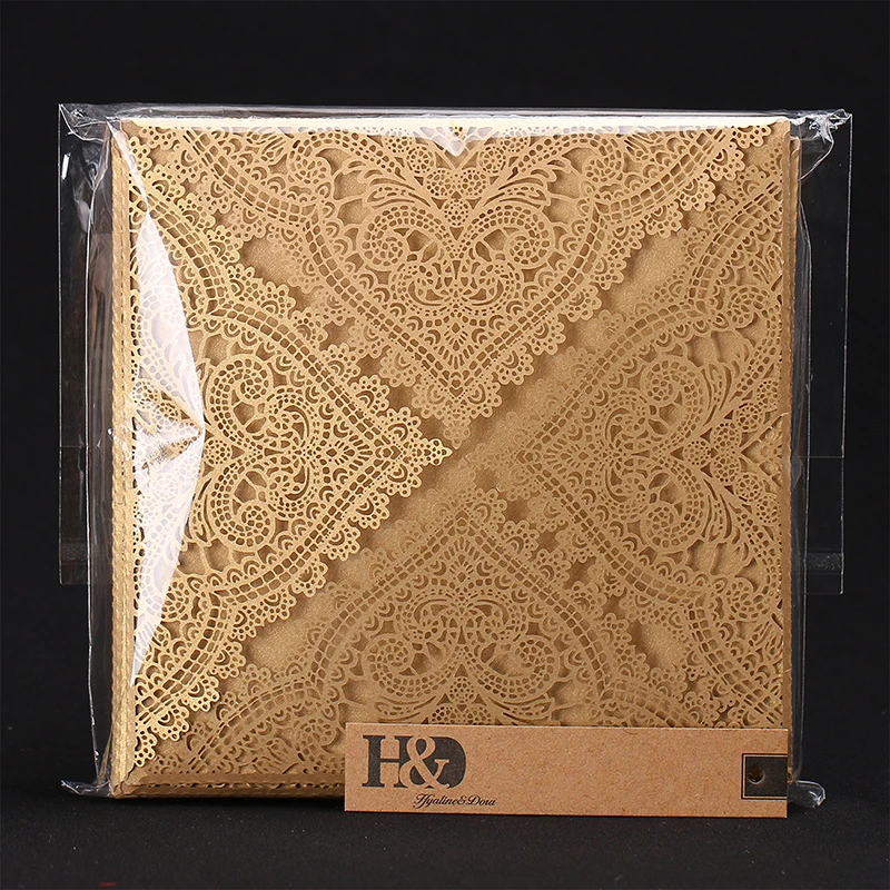H&ampD 24pcs Vintage Wedding Invitations Cards with Laser Cut Lace Flower for Bridal Shower Party Decoration (Champagne) | Дом и сад