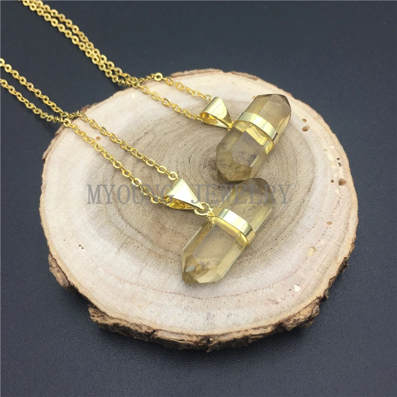 MY0915 Yellow Crystal Quartz  Prismatic Pendant Double Terminated Pencil Point Charm With Gold Electroplated Chain Necklace