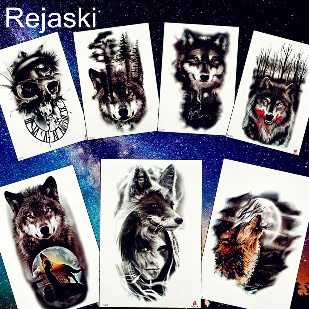 

REJASKI Forest Wolf Skull Death Tribal Temporary Tattoo Sticker Black Waterproof Tattoos Body Art Arm Leg Fake Tatoo Women Men