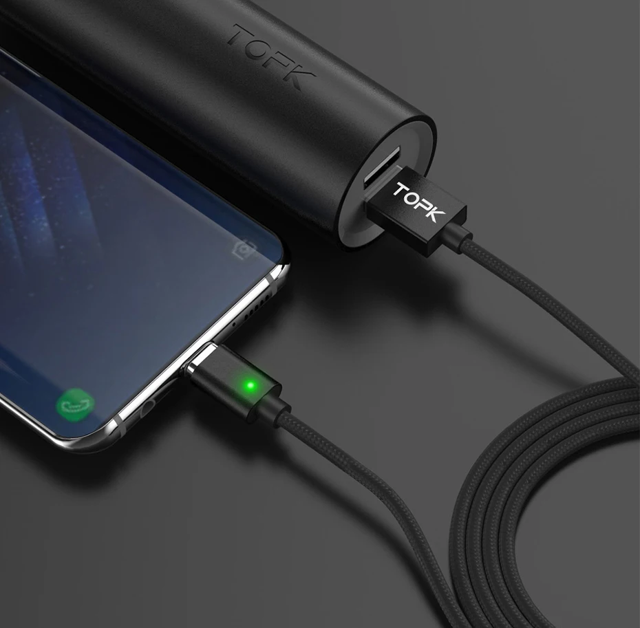 Магнитный кабель Micro USB TOPK F-Line и кабель usb type-C для синхронизации данных, светодиодный кабель с нейлоновой оплеткой и магнитным индикатором для зарядного устройства USB C