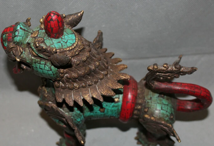 JP S62 10&quotOld Tibet Tibetan Buddhism Bronze turquoise Fengshui Kylin Beast Qilin Statue | Дом и сад