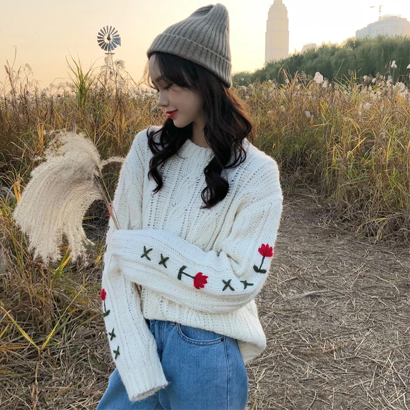pull hiver femme 2018 fall wianter fashion harajuku long sleeve tops knitted Embroidery flowers chandail oversized sweater | Женская