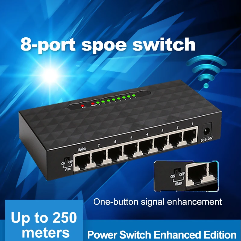 Сетевой коммутатор SPOE 250 м Ethernet с 8 портами 100 Мбит/с 6 разветвителями PoE подходит