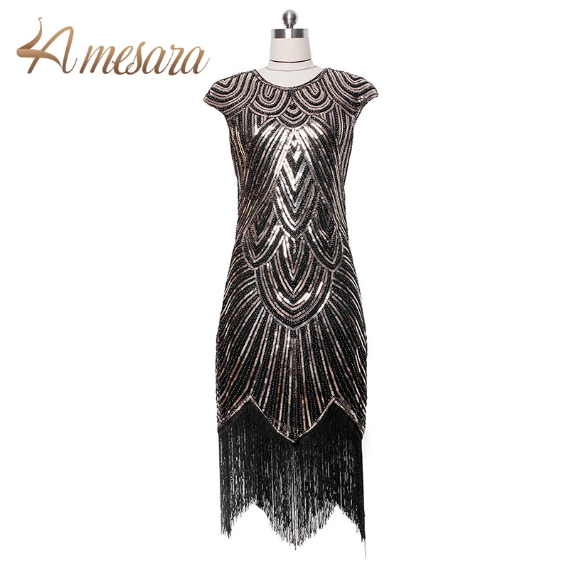 

Women 1920s Fringed Great Gatsby Flapper Dress Retro Tassel Crochet Midi Party Dress beaded sleeveless retro dress--59002