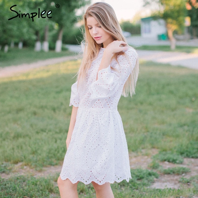 Simplee хлопок кружевное с вышивкой мини платье Женщины Кнопка рюшами повседневные