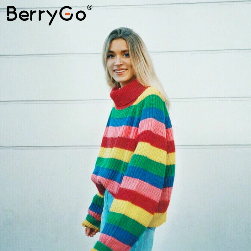 BerryGo Водолазка Полосатый Радужный свитер для женщин рукав летучая мышь