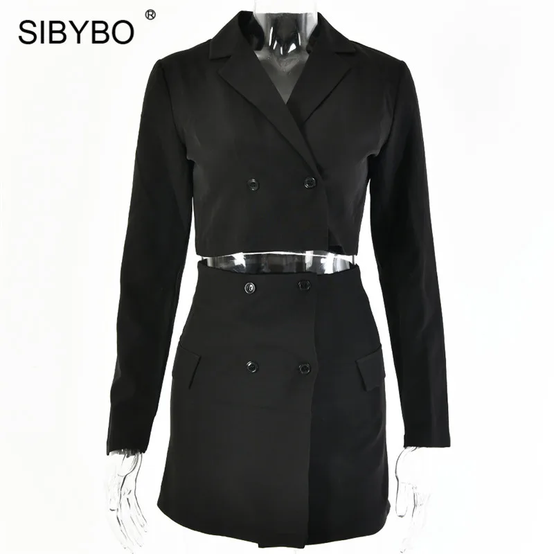 Черный Sibybo, пуговицы, а-силуэт, мини, сексуальный комплект из двух частей, платье с длинным рукавом, фигурное, осеннее платье, женское, одноцветное, повседневное, офисное, Дамское Платье - Цвет: Черный