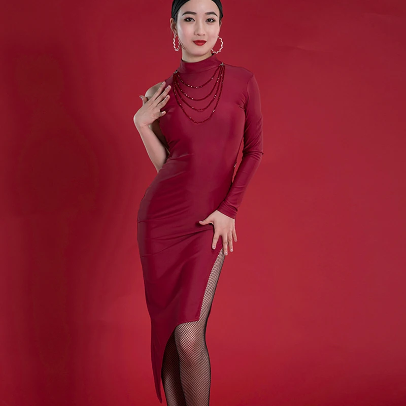 

Sexy Latin Dance Dress Women Ballroom Tango Samba Rumba Salsa Competition Dresses Performance Single sleeve slant Wear BDY021