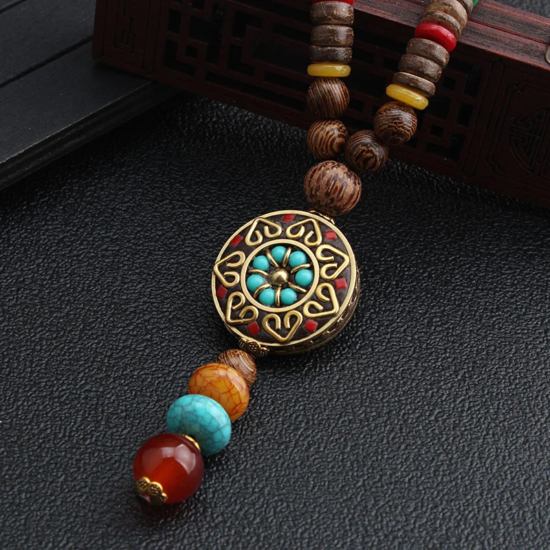 SEDmart Retro Ethnic Wood Lotus Buddha Beads Pendant Necklaces Women Nepalese Mantra Wooden/Glass Beaded Sweater Necklace Gifts | Украшения