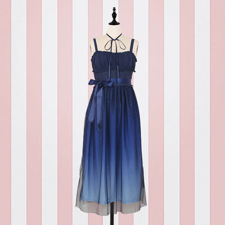 long dress JSK/блестящие звезды; платье в стиле Лолиты; градиентное голубое нарядное платье для девочек; кружевное плиссированное платье с рюшами; комплект с рубашкой - Цвет: long dress