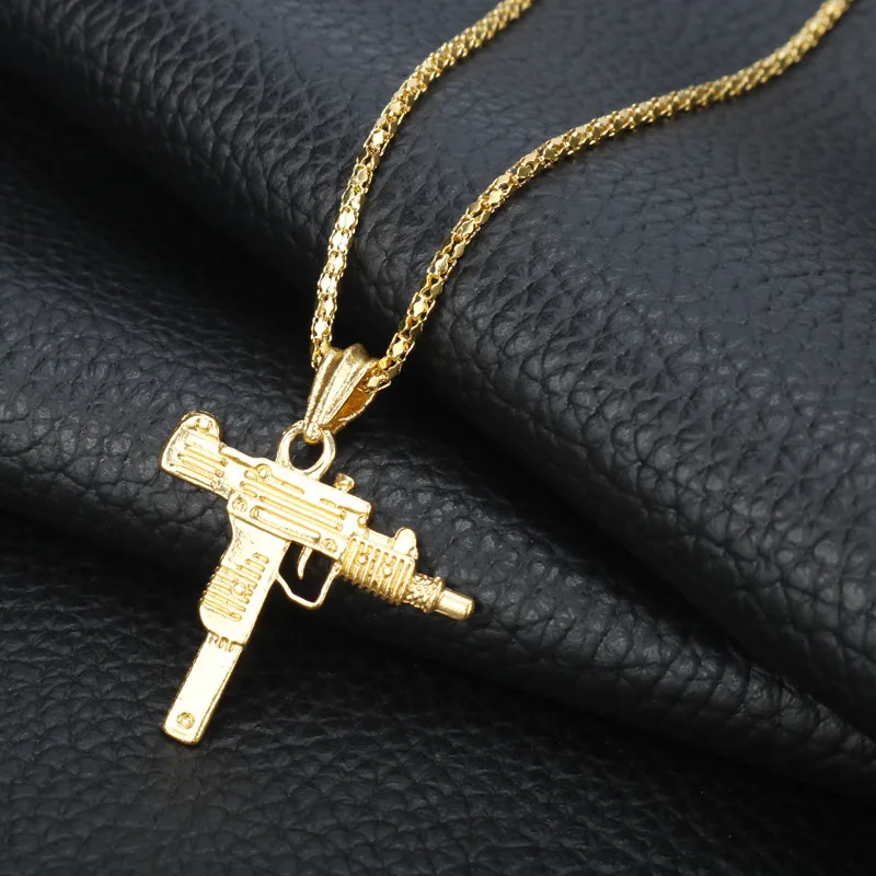 gold Хип хоп ювелирные изделия UZI пистолет ожерелье мужчины женщины длинная цепь Подвески Ожерелья талисманы колье - Metal Color: gold