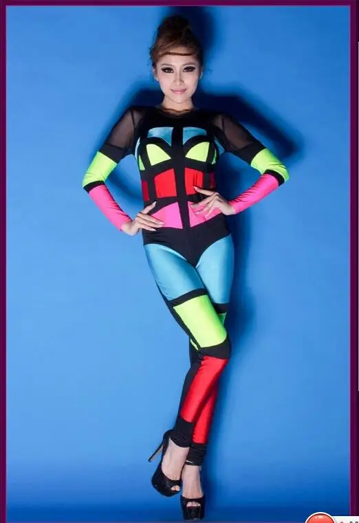 Женский сексуальный неоновый красочный костюм в стиле пэчворк облегающий для