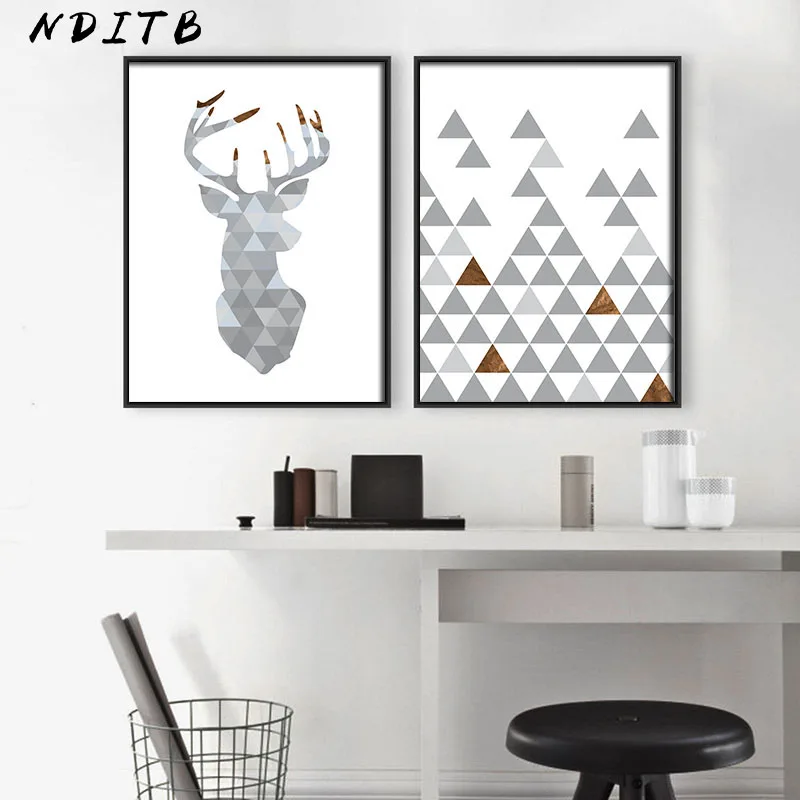 NDITB Deer Head Geometry Abstract Painting Wall Art Canvas Posters and Prints Nordic Style Decoration Picture Modern Home Decor | Дом и сад