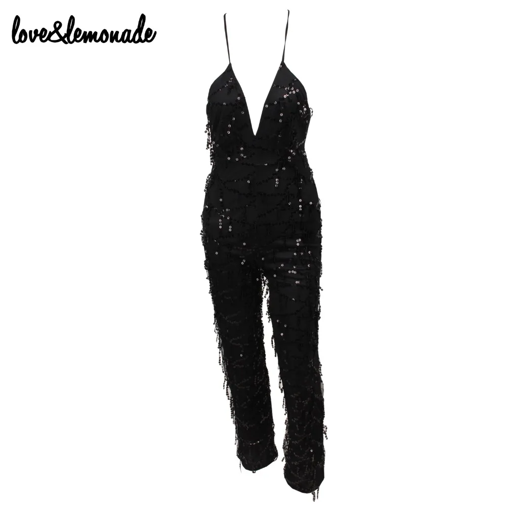 Черные комбинезоны с v-образным вырезом и бахромой Love &amp Lemonade TB 9196 | Женская одежда