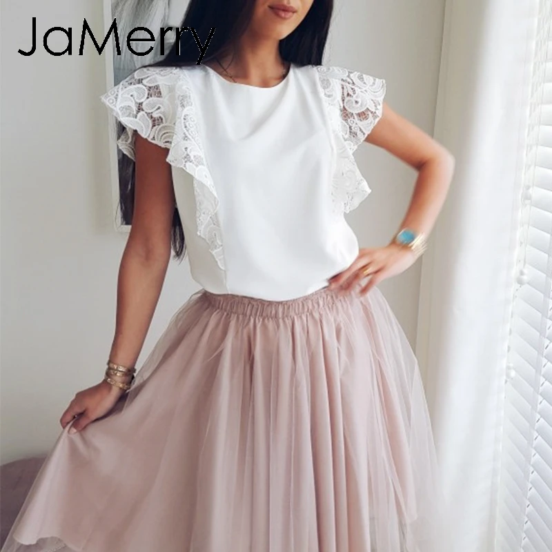 JaMerry/элегантная белая кружевная блузка с рюшами и рукавами для женщин летняя