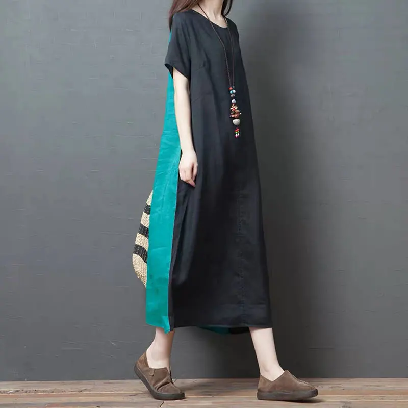 Фото F&je Summer Style Women Dresses Plus Size Cotton Linen Patchwork Vintage Long Dress Female Short Sleeve Casual holiday Y83 Женская F&je Summer Style Women Dresses Plus Size Cotton Linen Patchwork Vintage Long Dress Female Short Sleeve Casual holiday Y83 Женская