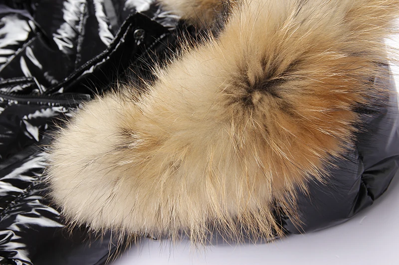 New 2018 Autumn Winter Duck Down Coat Natural Raccoon Fur Collar Hooded Jacket Black Shine Solid Overcoat Parkas Streetwear | Женская