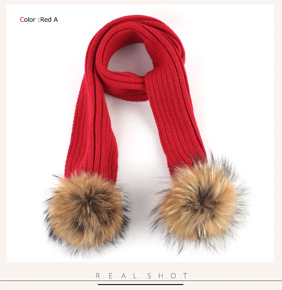 Geebro Kids Knitted Scarf With Double Raccoon Fur Pompom Boys and Girls Cashmere Plain Shawl Wrap Winter Warm Accessories DQ867