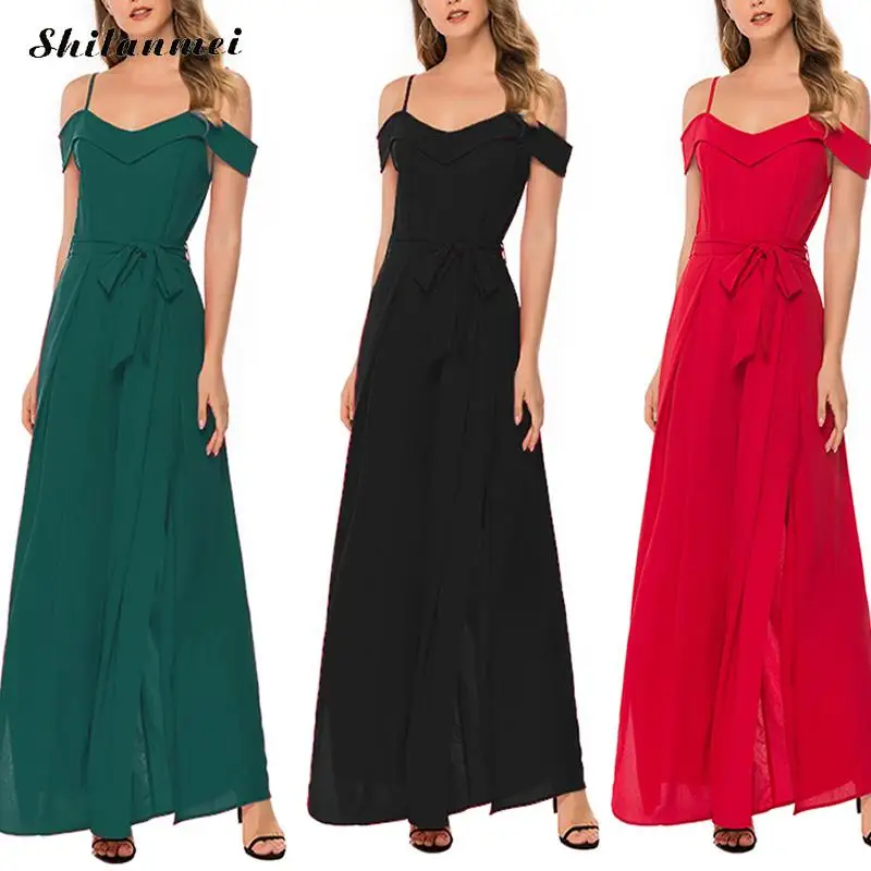 Женское винтажное платье макси красное черное с открытыми плечами и разрезом