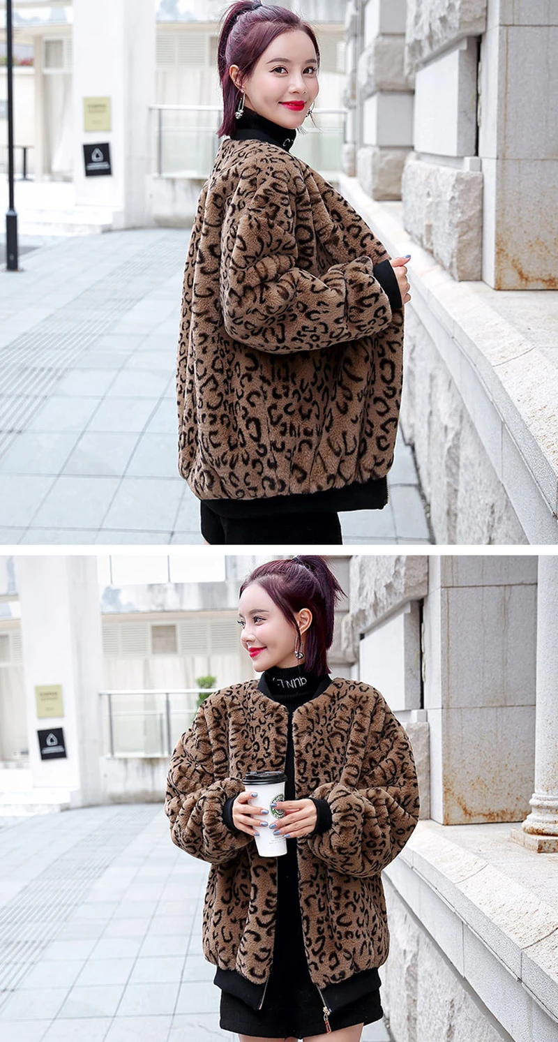Vangull New Winter Fur Coat Women Leopard Faux Fur Jacket Plus Velvet Thick O-Neck Long Sleeve Warm Fur Jackets Coats New