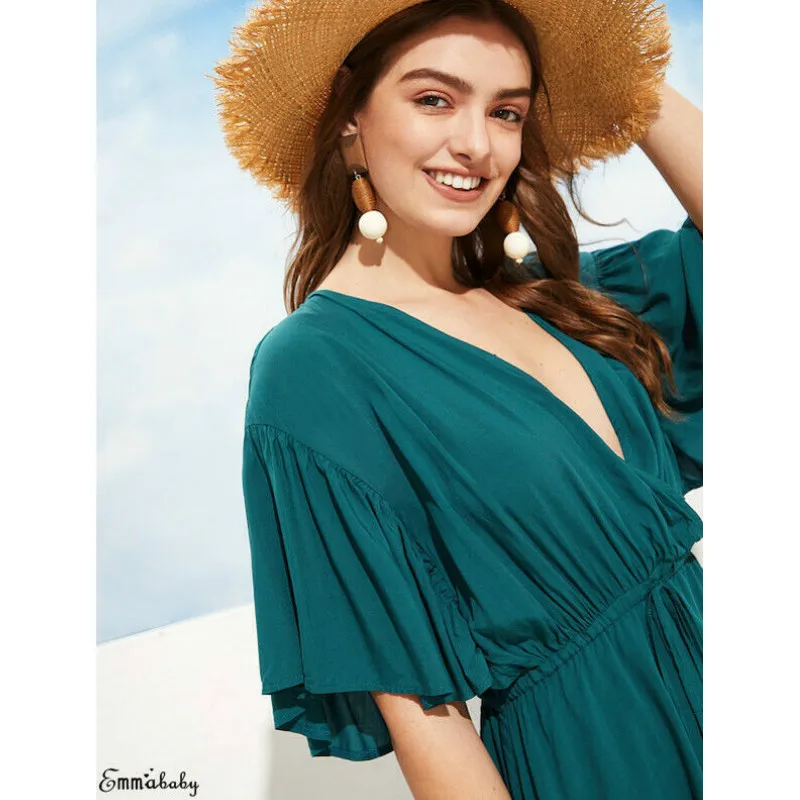 Женское однотонное мини-платье Boho пляжная одежда свободный пояс Летний Пляжный