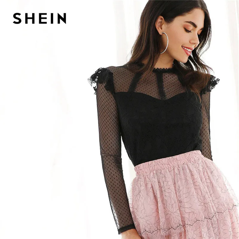 SHEIN Топ С Длинными Рукавами И Прозрачной Вставкой, Элегантный Топ С Кружевными Вставками