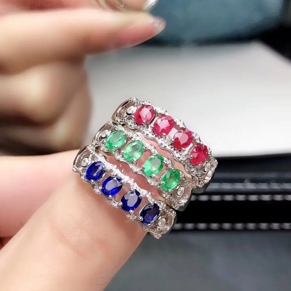 

red blue green colorful gemstone ring fine jewelry natural ruby sapphire emerald gem overflow 925 silver party engagement ring