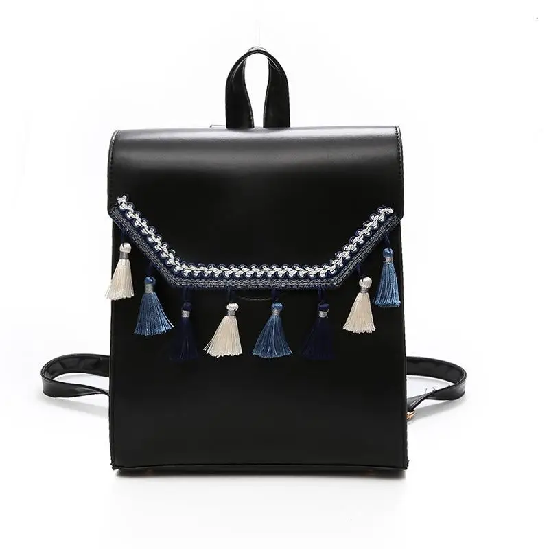 Tassel National Female Square Backpacks PU White Preppy Style Shoulder Bags Bolso Harajuku Summer Birthday Gift Knapsack Bolso - Цвет: Черный