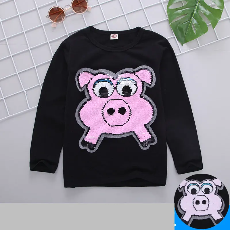 Pig A Black Футболка для девочек; Детские футболки с пайетками и рисунком кота; сезон весна-осень; рубашки для смены цветов; футболка; Enfant Garcon; детская одежда - Цвет: Pig A Black